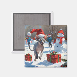 Sphynx Cat Running in Snow with Christmas Hat Magnet