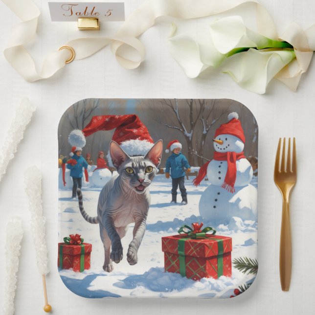 Sphynx Cat Running in Snow with Christmas Hat Paper Plate (Wedding)