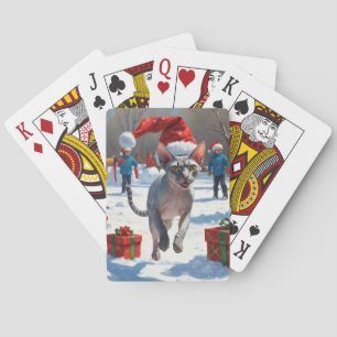 Sphynx Cat Running in Snow with Christmas Hat Playing Cards