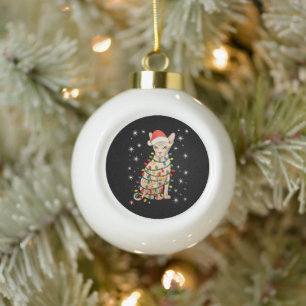 Sphynx Cat Santa Hat Christmas Lights Xmas Holiday Ceramic Ball Christmas Ornament