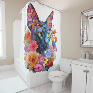 Sphynx Cat Shower Curtain Floral Bathroom Decor 