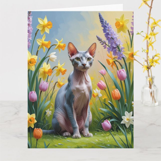 Sphynx Cat Spring Flowers Painting Card (Yellow Flower)