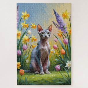 Sphynx Cat Spring Flowers Painting Jigsaw Puzzle