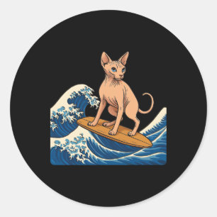 Sphynx Cat Surfing Japanese Wave  Classic Round Sticker