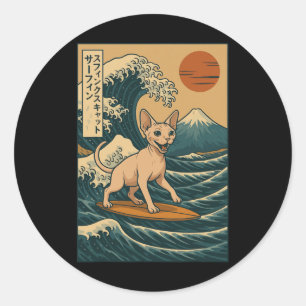 Sphynx Cat Surfing Japanese Wave Great Wave Kawaii Classic Round Sticker