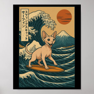 Sphynx Cat Surfing Japanese Wave Great Wave Kawaii Poster