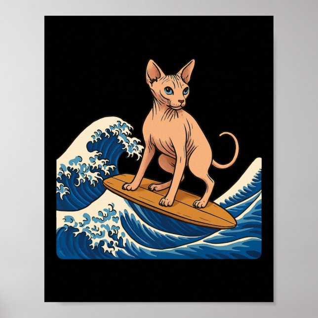 Sphynx Cat Surfing Japanese Wave  Poster (Front)