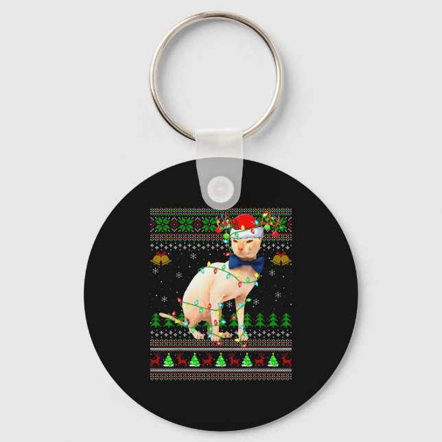 Sphynx Cat Ugly Christmas Sweaters Holiday Santa C Key Ring (Front)