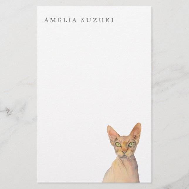 Sphynx Cat Watercolor Portrait with Name Stationery (Front)