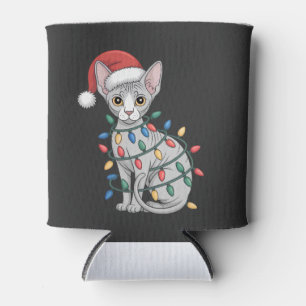 Sphynx Cat Wearing a Santa Hat and Wrapped in Xmas Can Cooler