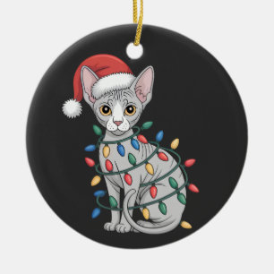 Sphynx Cat Wearing a Santa Hat and Wrapped in Xmas Ceramic Tree Decoration