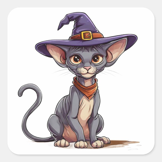 Sphynx Cat Witch Hat Cute Halloween Pet Lovers Square Sticker (Front)