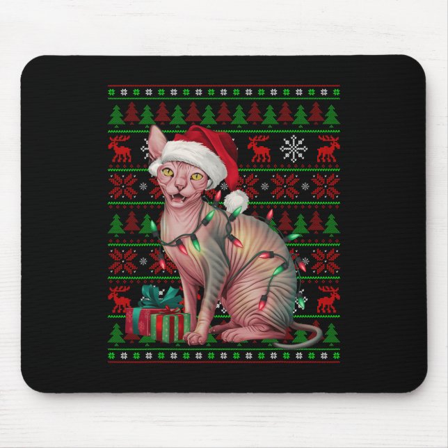 Sphynx Cat Xmas Lights Ugly Santa Hat Sphynx Cat C Mouse Pad (Front)