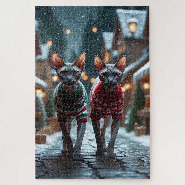 Sphynx Cats Christmas Snow Holiday Jigsaw Puzzle (Vertical)
