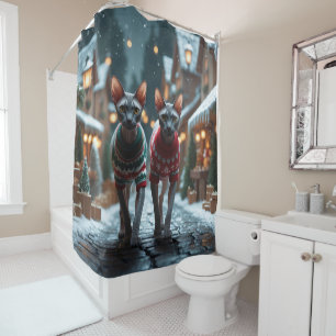 Sphynx Cats Christmas Snow Holiday Shower Curtain