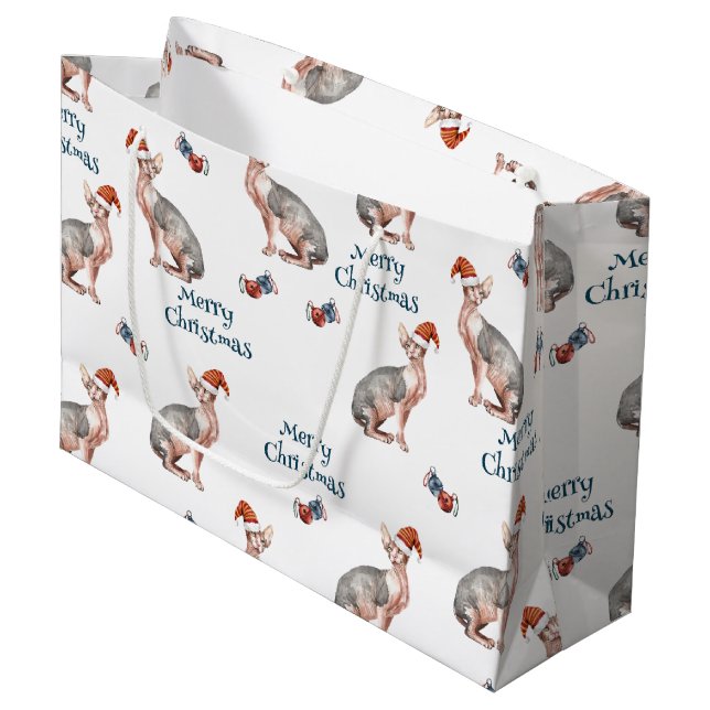 Sphynx Hairless Cat Santa Claus Hat Christmas Large Gift Bag (Front Angled)