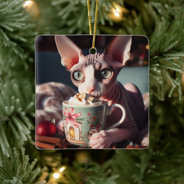 Sphynx Hot Cocoa Cat Christmas Ceramic Ornament (Tree)