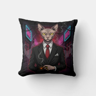 Sphynx Mafia Cat in Neon Noir Style Cushion