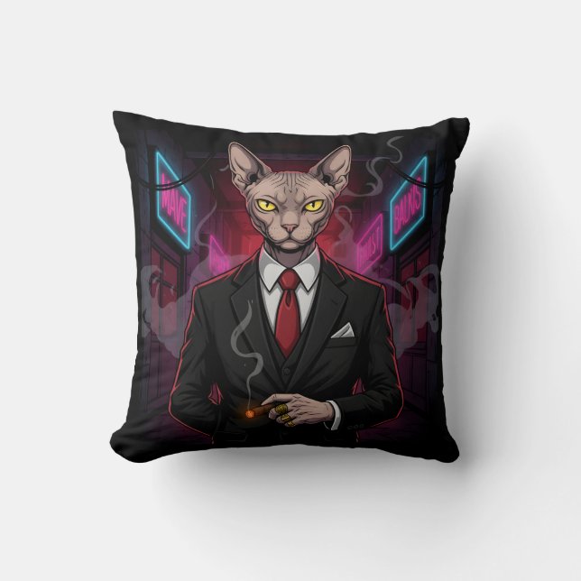 Sphynx Mafia Cat in Neon Noir Style Cushion (Front)