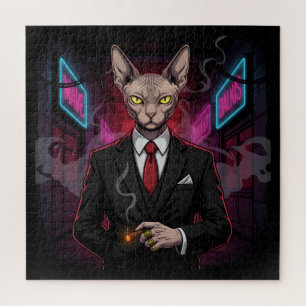 Sphynx Mafia Cat in Neon Noir Style Jigsaw Puzzle