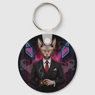 Sphynx Mafia Cat in Neon Noir Style Key Ring