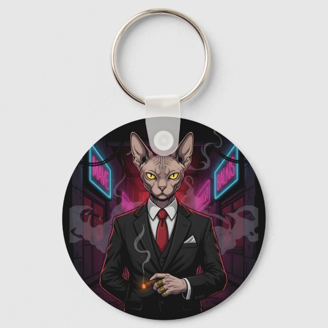 Sphynx Mafia Cat in Neon Noir Style Key Ring (Front)