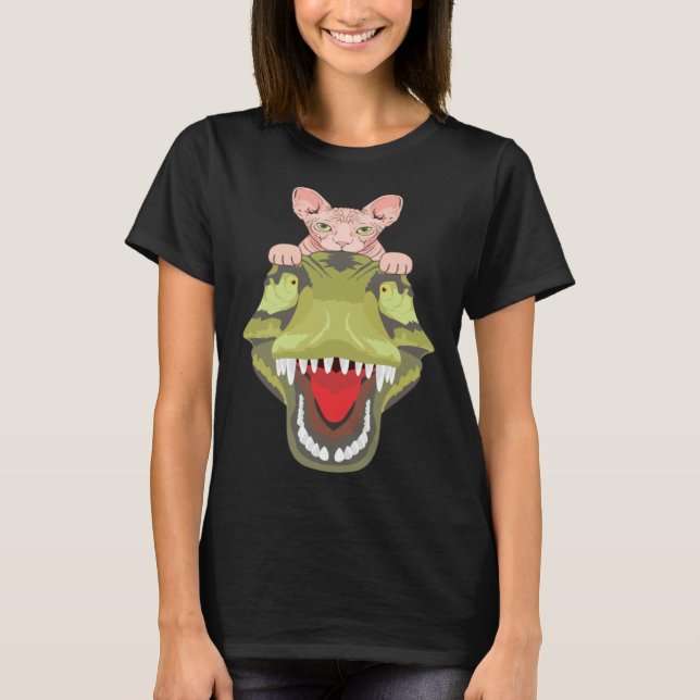 Sphynx Riding A T-Rex Dinosaur Hairless Cat Lover T-Shirt (Front)
