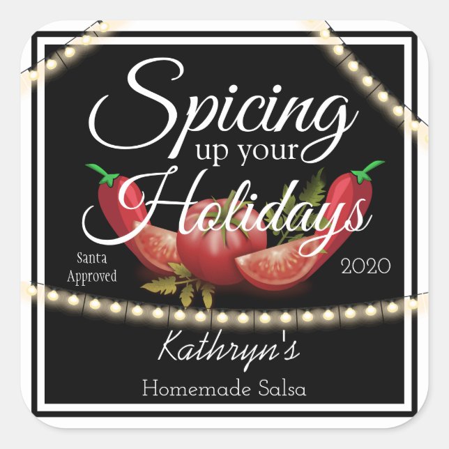 "Spicing Up Your Holidays" Personalised Salsa Square Sticker (Front)