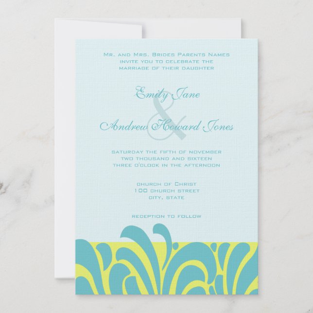 Spicy Aqua Lime Swirl Pattern Wedding Invitation (Front)