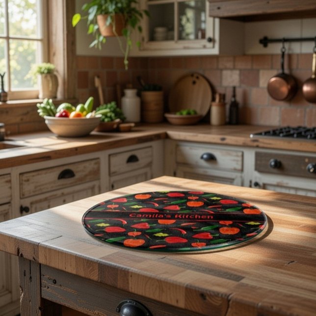 Spicy Chilli Pepper Pattern Personalised Glass Cutting Board (Creator Uploaded)