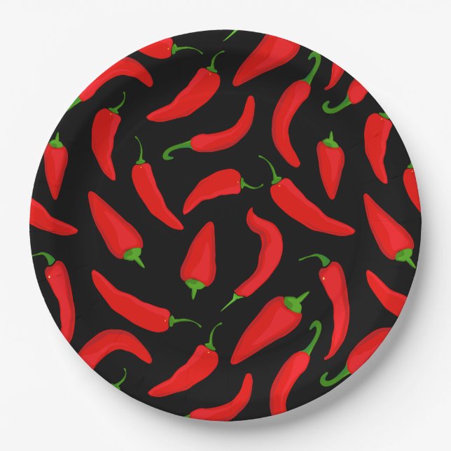 Spicy Chilli Peppers Red Black Fun  Paper Plate (Front)