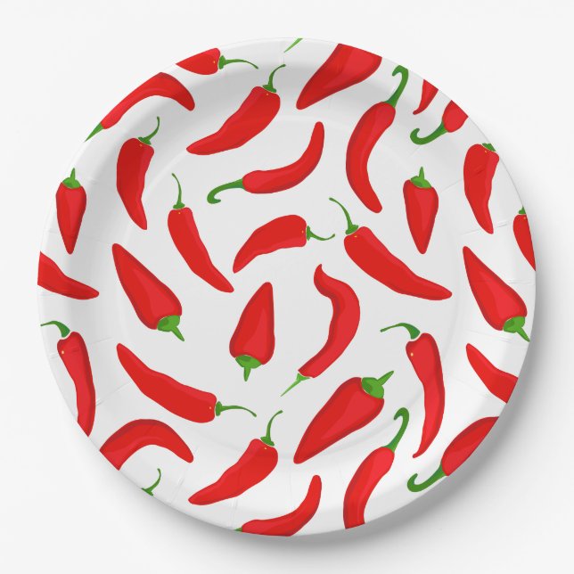 Spicy Chilli Peppers Red White Fun  Paper Plate (Front)
