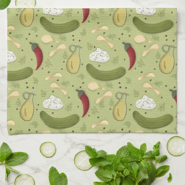 Spicy dill pickle Potato chip design Tea Towel (Folded)