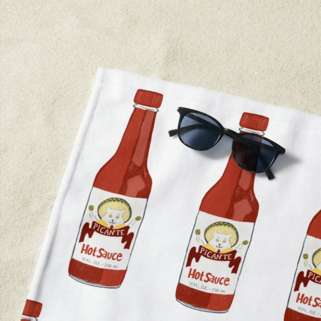 Spicy! Hot Sauce Pattern cat with maracas on white Beach Towel (In Situ)