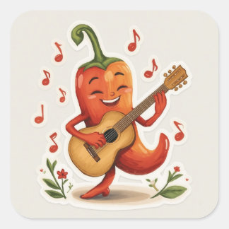 Spicy Melodies – Cheerful Chilli Pepper Guitar Square Sticker