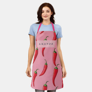 Spicy Red Chilli Pepper Pattern on Pink Background Apron