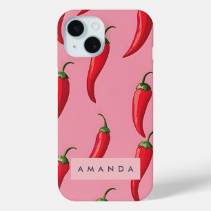 Spicy Red Chilli Pepper Pattern on Pink Background iPhone 15 Case