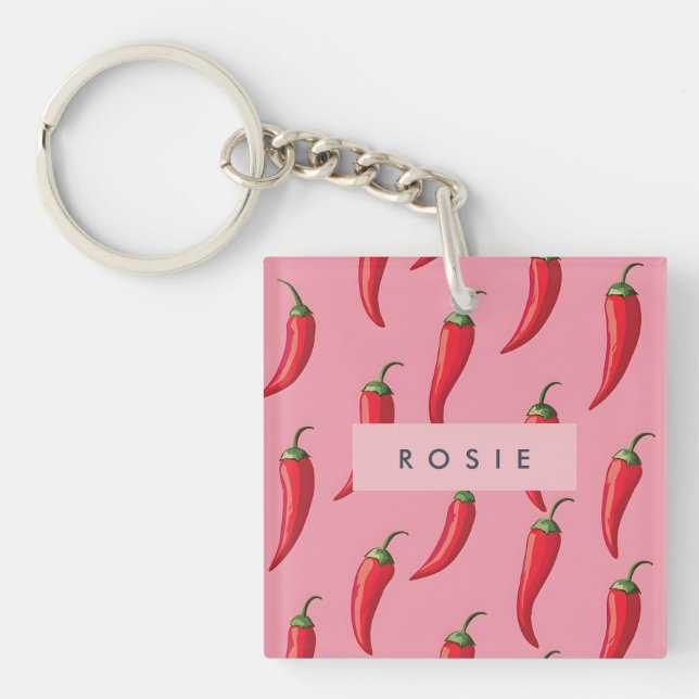 Spicy Red Chilli Pepper Pattern on Pink Background Key Ring (Front)