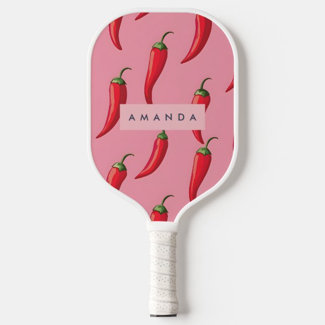Spicy Red Chilli Pepper Pattern on Pink Background Pickleball Paddle (Front)
