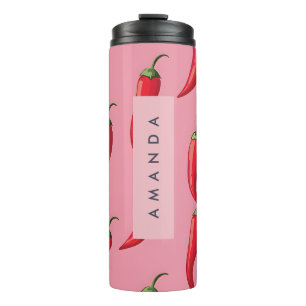 Spicy Red Chilli Pepper Pattern on Pink Background Thermal Tumbler