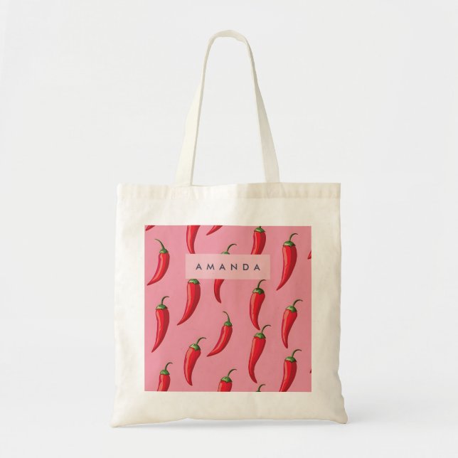 Spicy Red Chilli Pepper Pattern on Pink Background Tote Bag (Front)