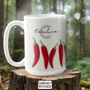 Spicy Red Modern Minimal Crochet Jalapeno Name Coffee Mug