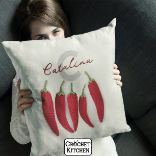 Spicy Red Modern Minimal Crochet Jalapeno Name Cushion