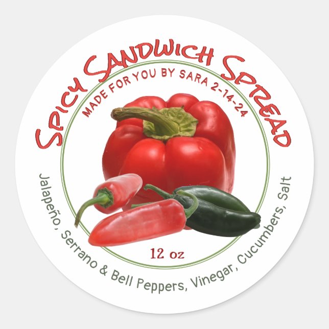 Spicy Salad Spread with Red and Green Peppers Classic Round Sticker (Front)