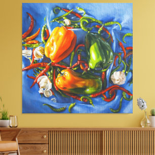 Spicy Still Life with Peppers and Garlic Canvas Print