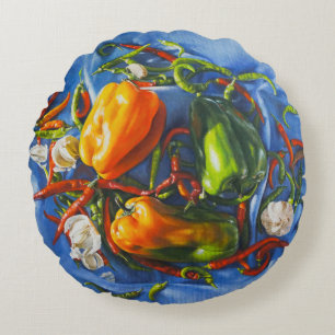 Spicy Still Life with Peppers and Garlic Round Cushion