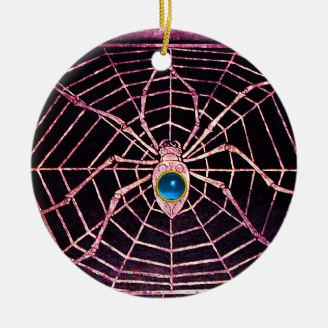SPIDER AND WEB Blue Sapphire Black Ceramic Tree Decoration (Front)