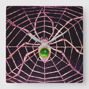 SPIDER AND WEB Emerald Green Gemstone Black Square Wall Clock