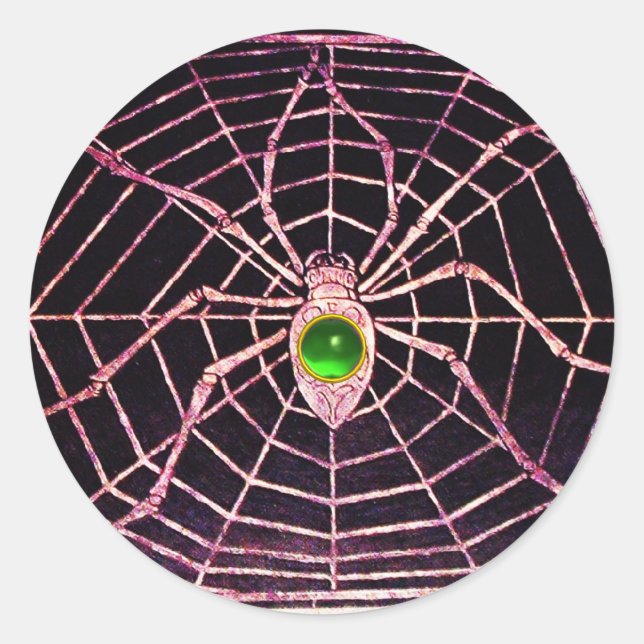 SPIDER AND WEB Green Emerald Black Classic Round Sticker (Front)