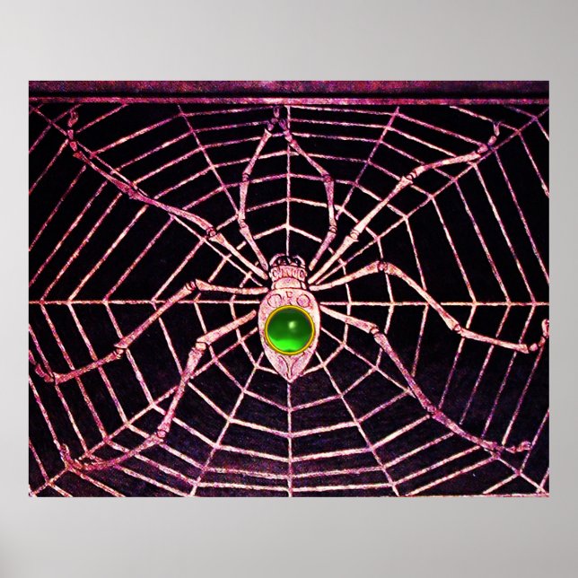 SPIDER AND WEB Green Emerald Gemstone Black Poster (Front)